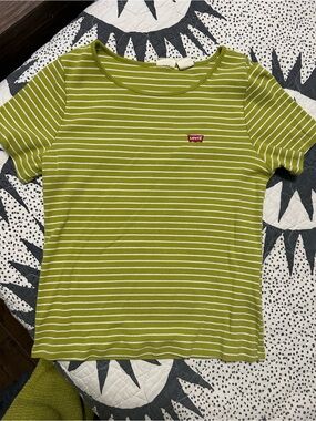 Levi's Lime Green and White Striped Crewneck Tee